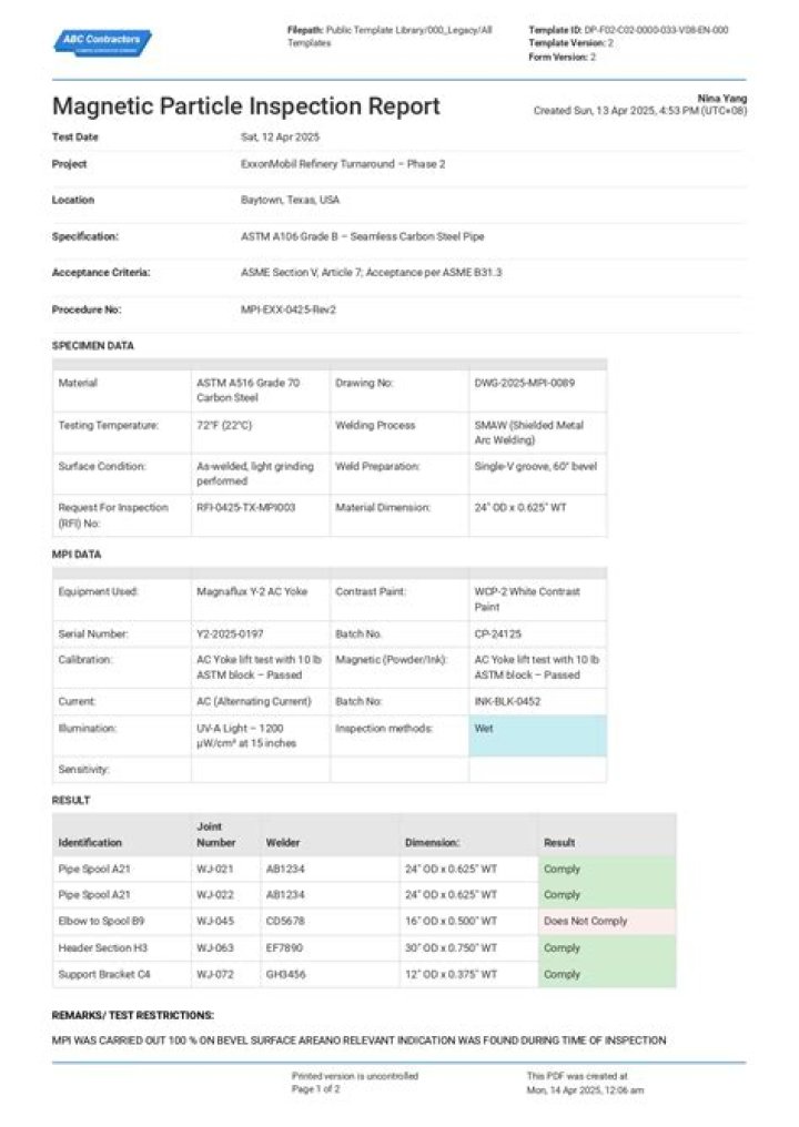 Magnetic Particle Testing Report PDF – Compliance & Quality Assurance