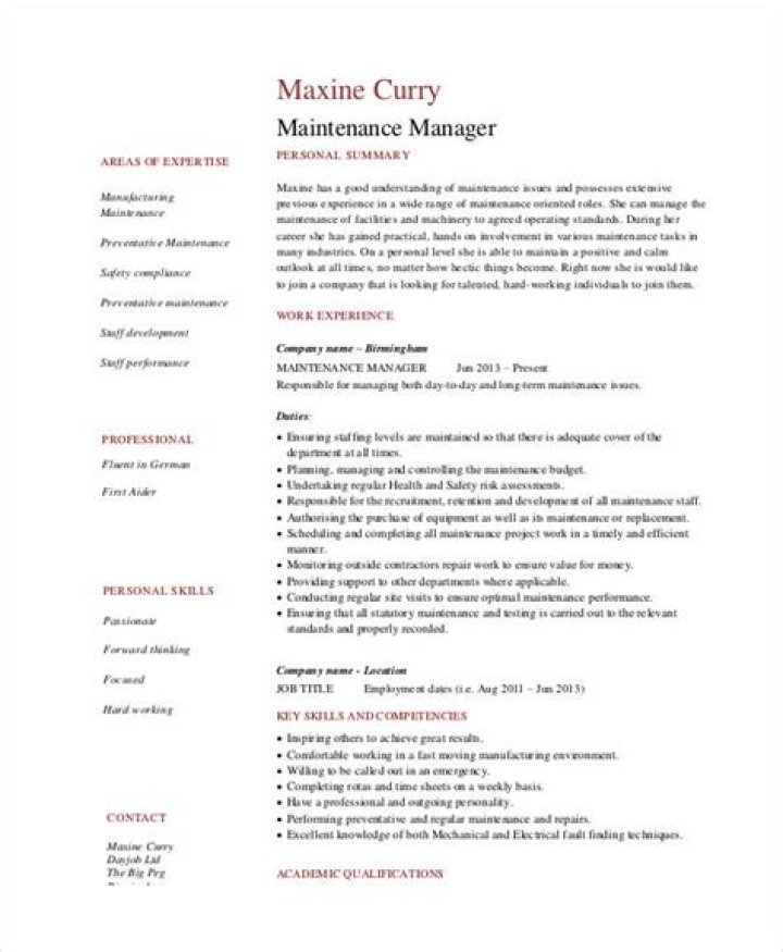 Maintenance Manager Resume PDF for Effective Job Applications
