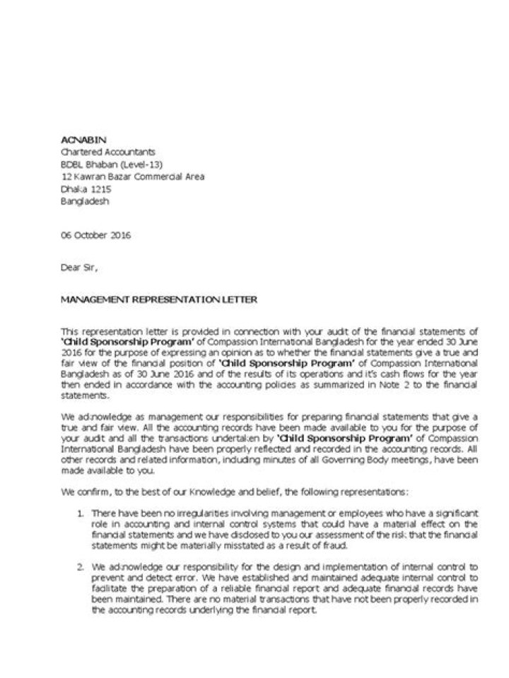 Download Official Management Representation Letter PDF