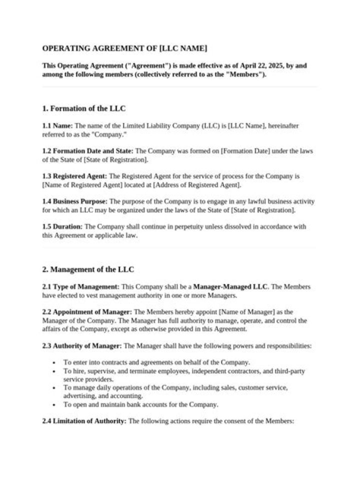 Manager-Managed LLC Operating Agreement PDF Template