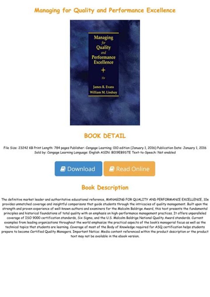 Managing for Quality and Performance Excellence: Free PDF Guide