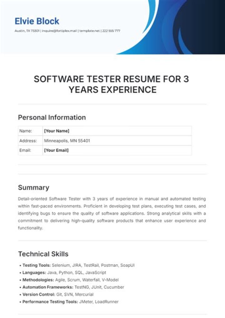 Manual Testing Resume for 3 Years Experience PDF Template