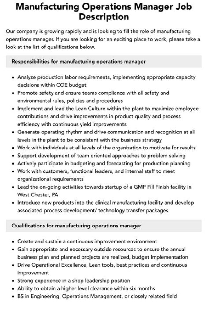 Manufacturing Operations Manager Duties and Responsibilities PDF Guide