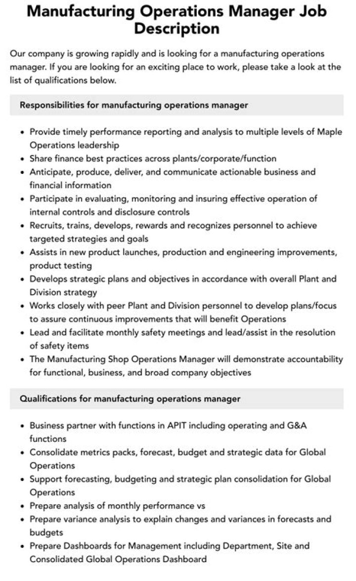 Manufacturing Operations Manager Job Description PDF