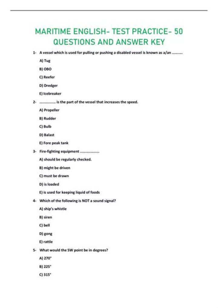 Free Maritime English Test Questions & Answers PDF Download