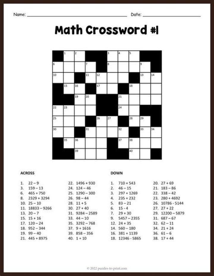 Math Crossword Puzzles PDF with Answers Download