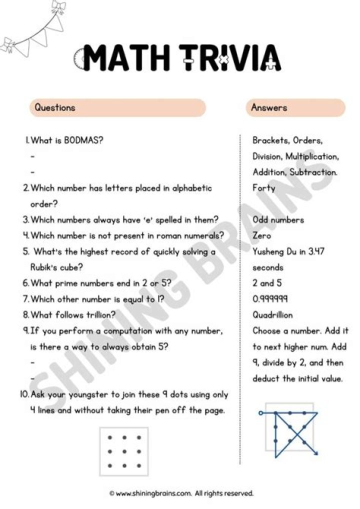 Maths Quiz Questions with Answers for Class 6 PDF