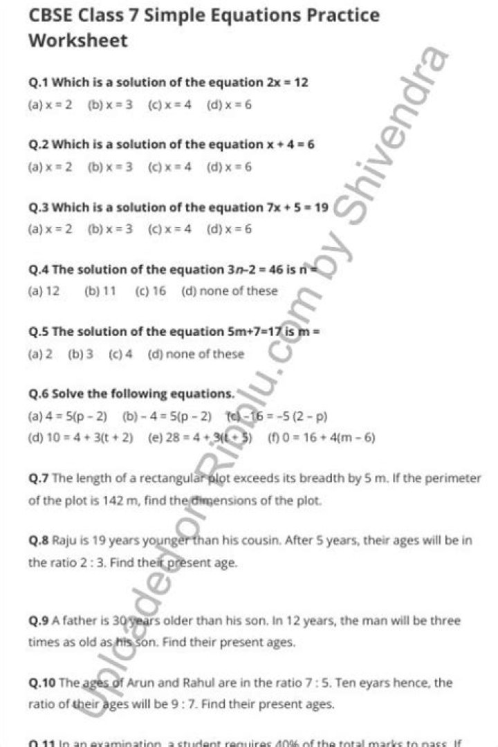 Free Class 7 Maths Worksheet PDF Download