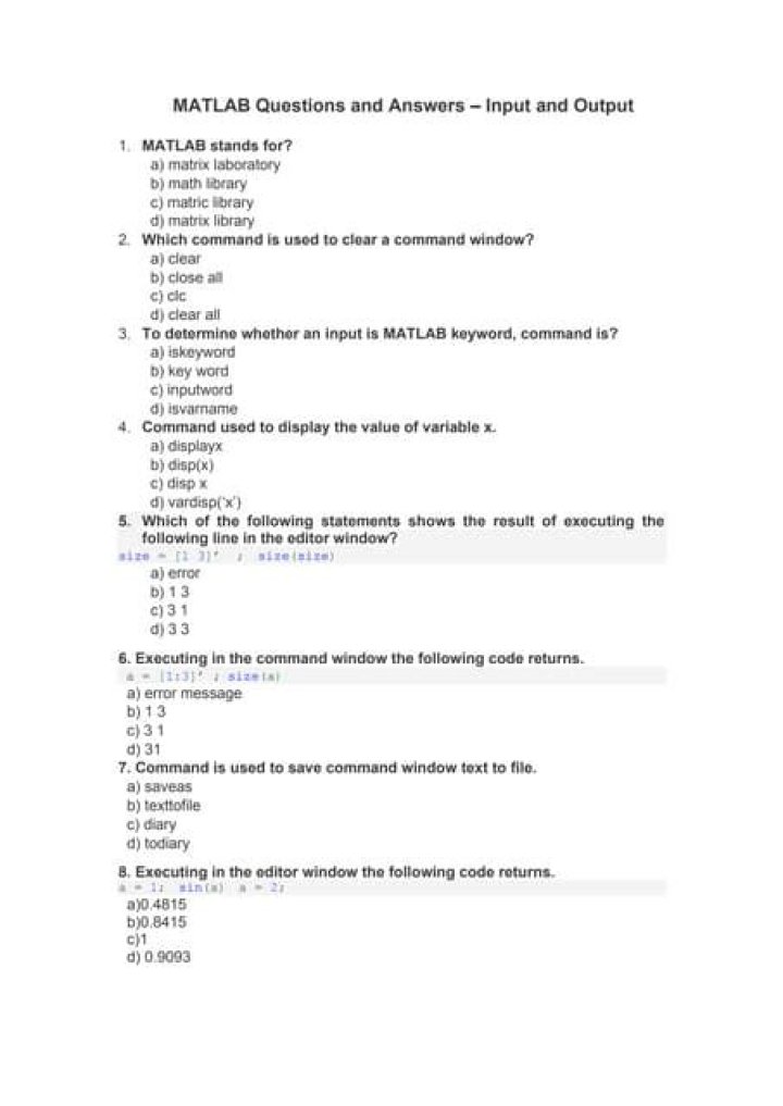 Matlab Exam Questions and Answers PDF for Students