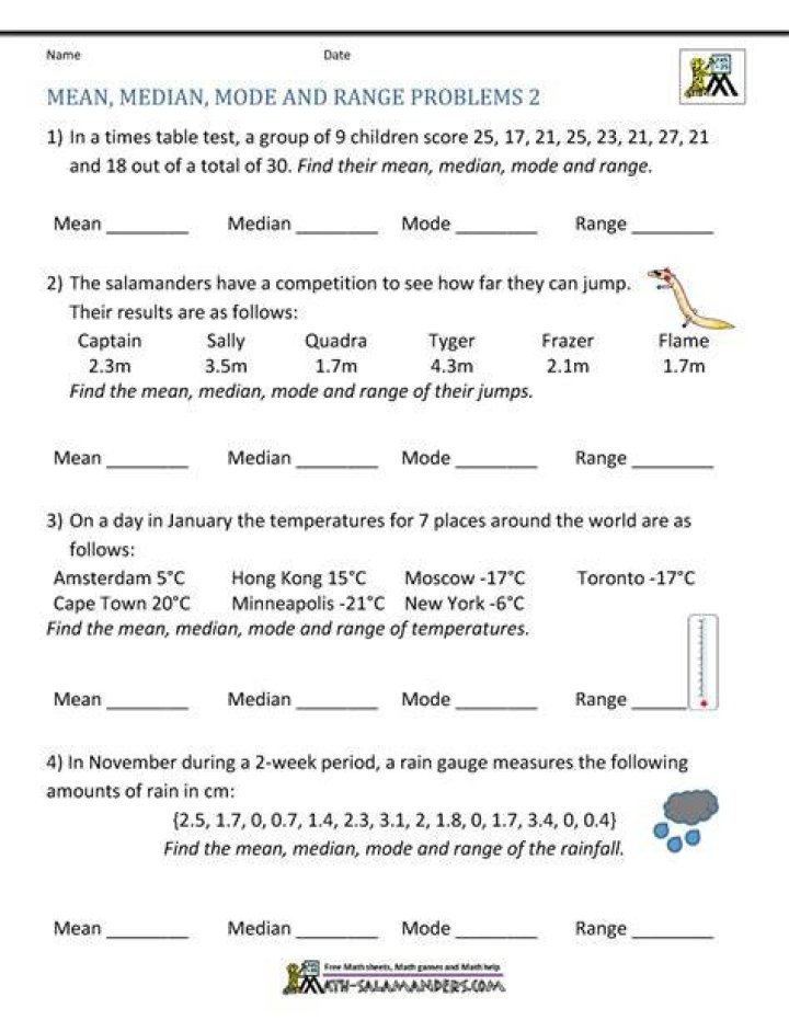 Free Printable Word Problems Worksheets PDF: Mean, Median, Mode, Range