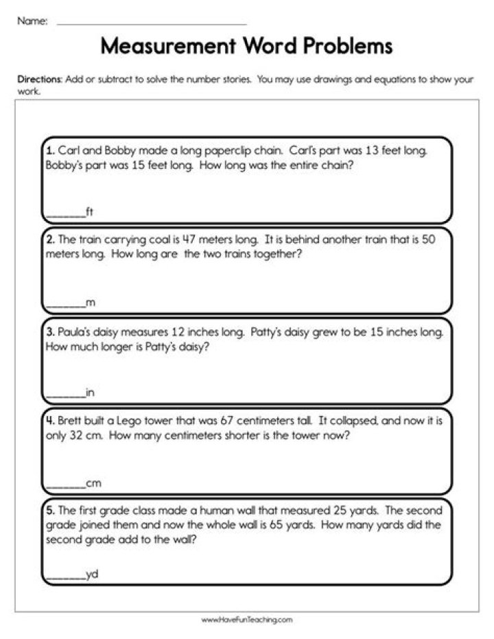 Free Measurement Word Problems Worksheets PDF for Students