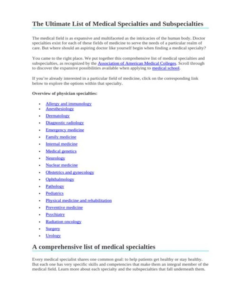 Complete Medical Specialties List PDF for Healthcare Professionals