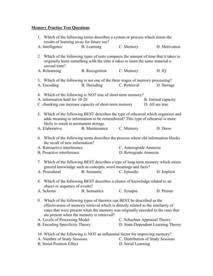 Free Memory Test Questions PDF – Practice & Improve Your Memory