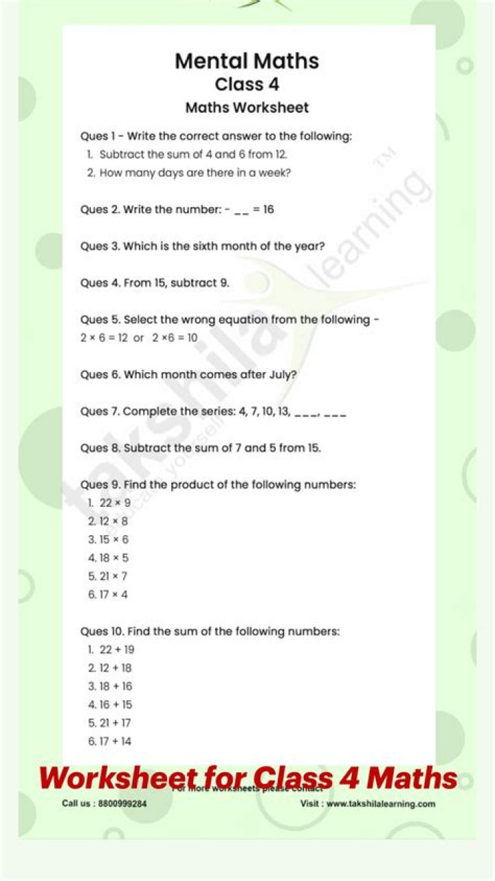 Mental Maths Worksheets for Class 1 PDF – Instant Download