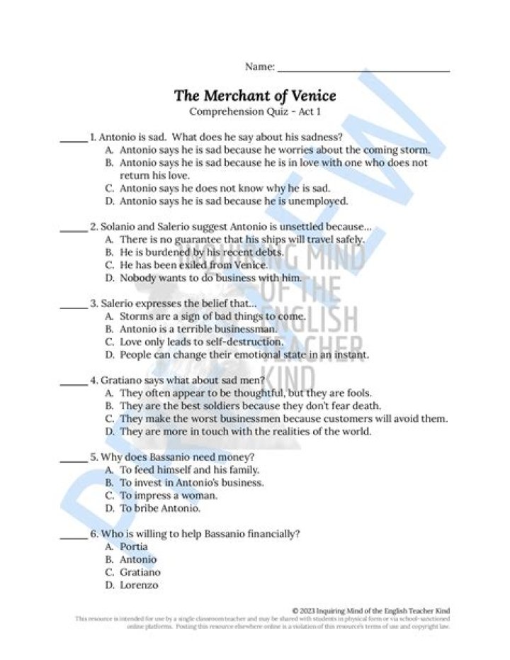 Merchant of Venice Act 1 Questions and Answers PDF – Complete Study Guide