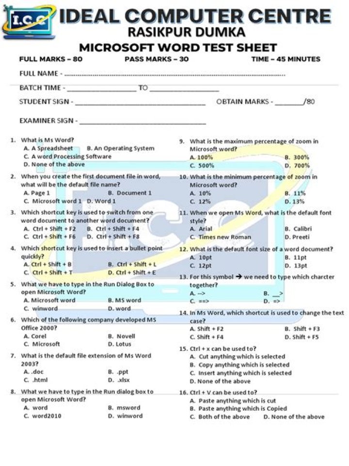 Microsoft Word Assessment Test PDF for Free Practice & Evaluation