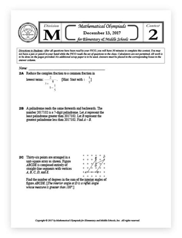 Middle School Math Competition Questions and Answers PDF