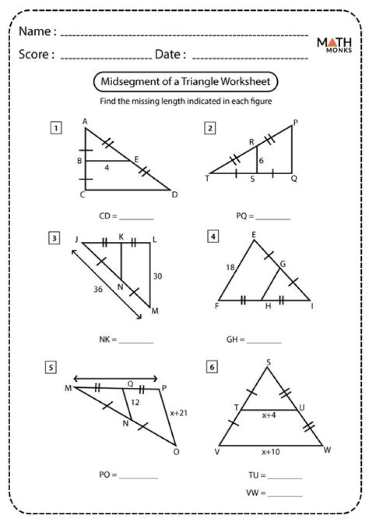 Midsegment of a Triangle Worksheet PDF Answer Key with Solutions