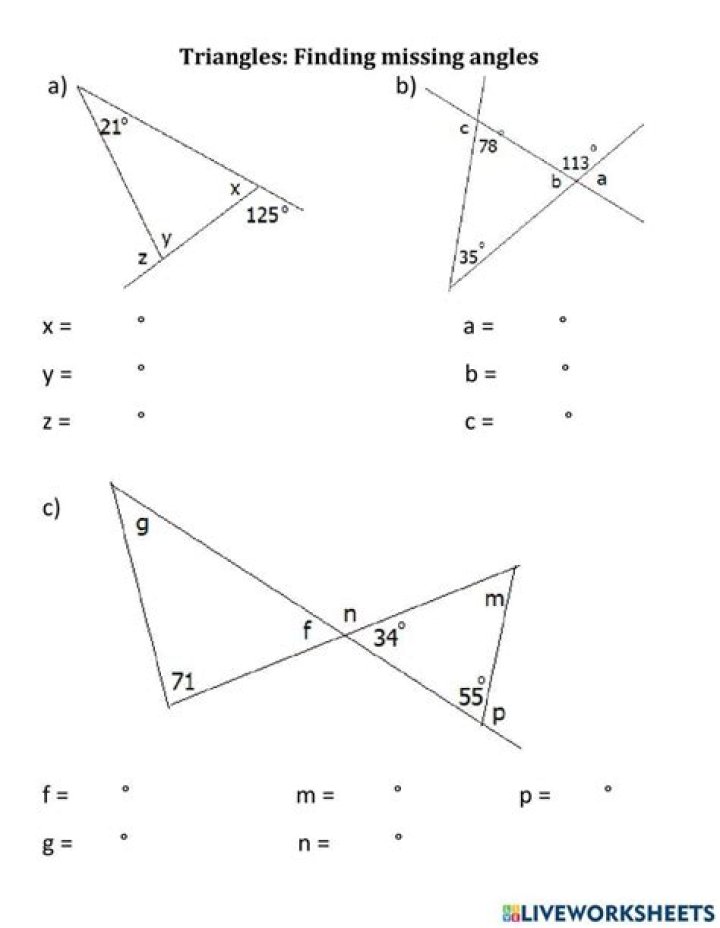 Missing Angles in Triangles Worksheet PDF Answer Key