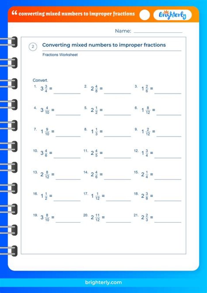 Free Mixed Fractions to Improper Fractions Worksheet PDF – Instant Download