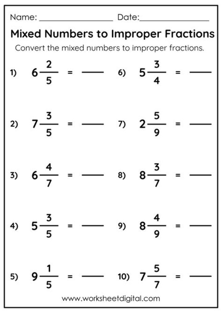 Mixed Numbers to Improper Fractions Worksheet PDF – Instant Download