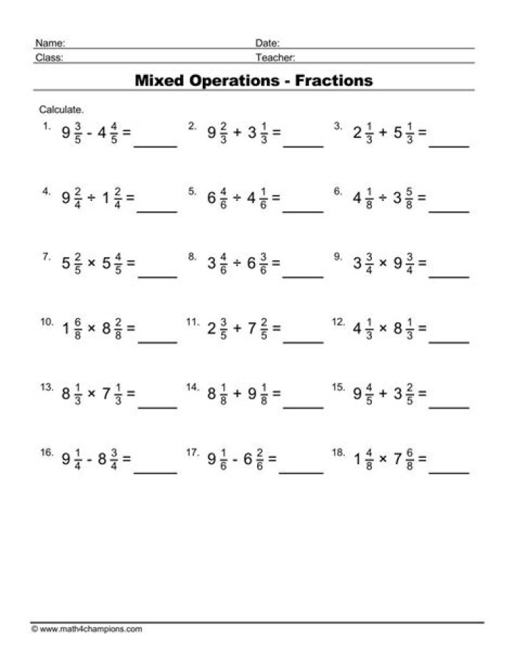 Free Mixed Operations with Fractions Worksheet PDF for Practice