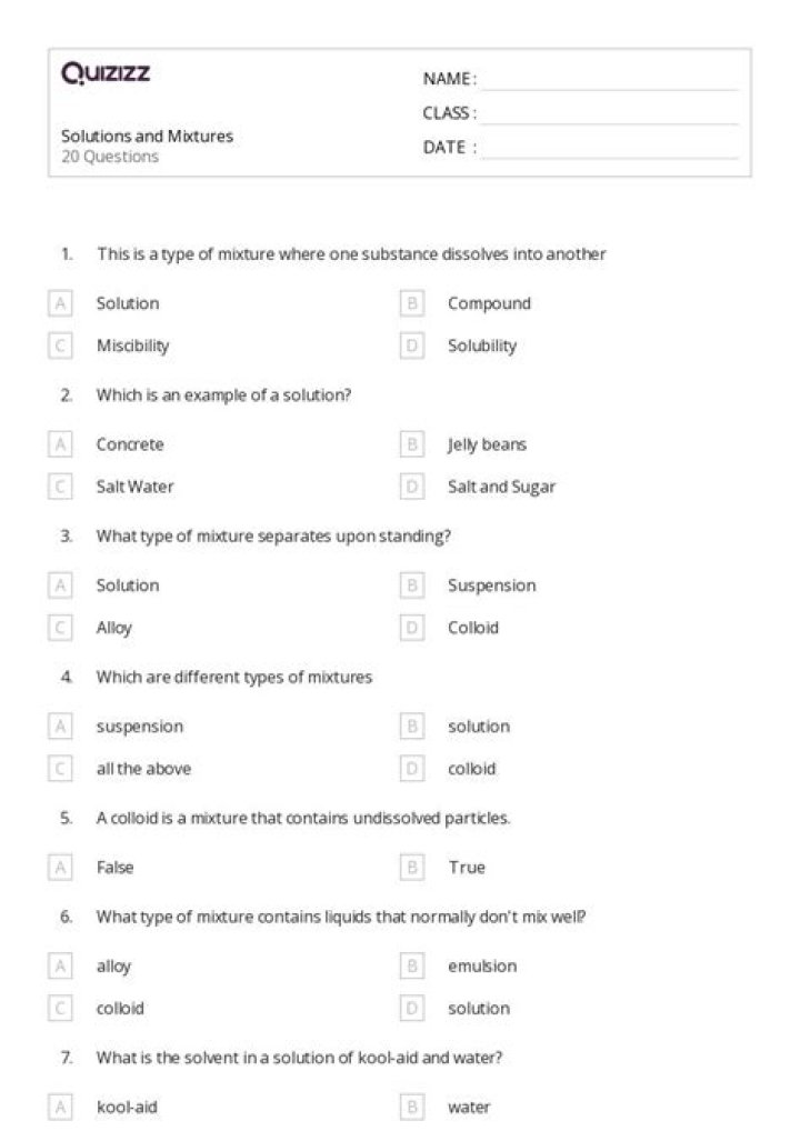 Mixtures and Solutions Reading Comprehension Worksheets PDF for Students