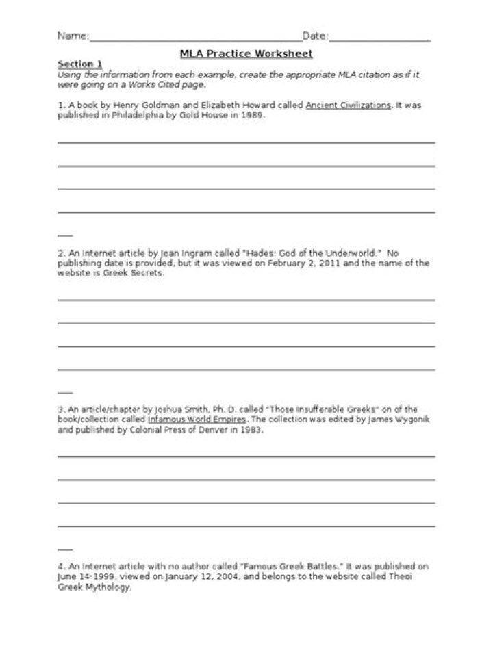 Free MLA Citation Practice Worksheet PDF for Students and Teachers
