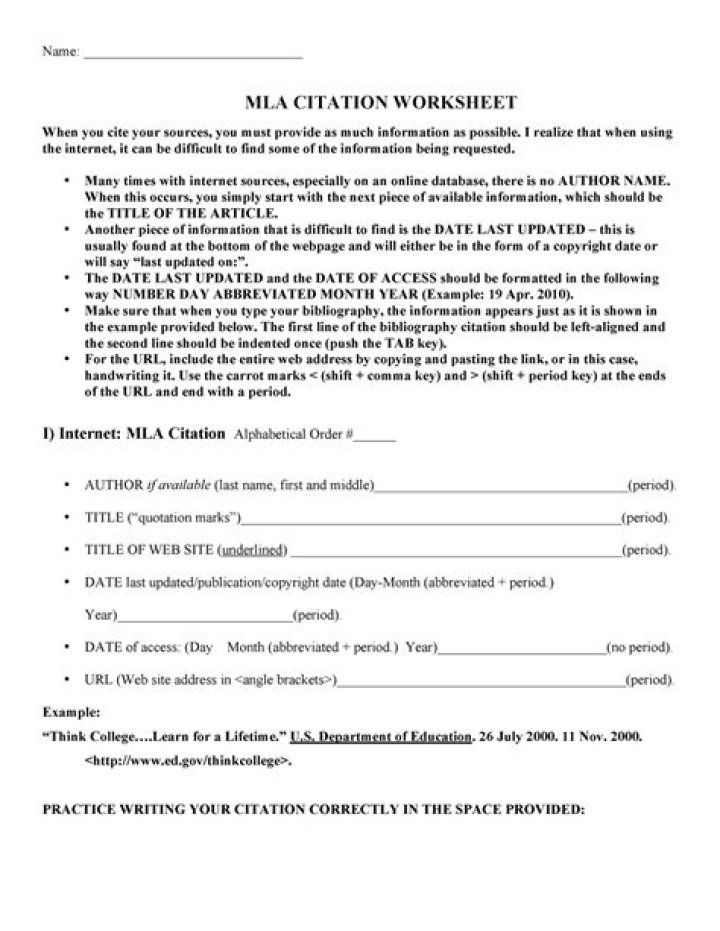 MLA In-Text Citation Practice Worksheet PDF: Perfect for Students