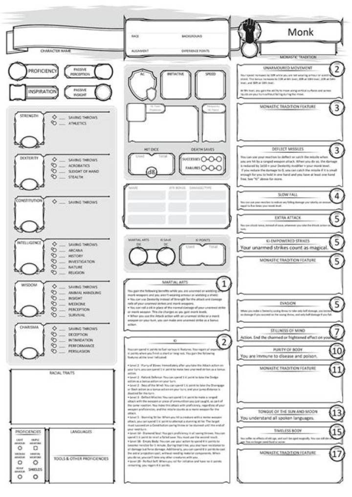 Free Monk Character Sheet 5e PDF for Dungeons & Dragons