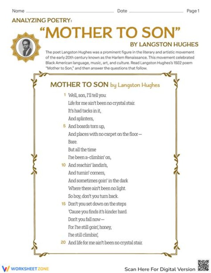 Mother to Son Poem: Questions & Answers PDF for Inspiration
