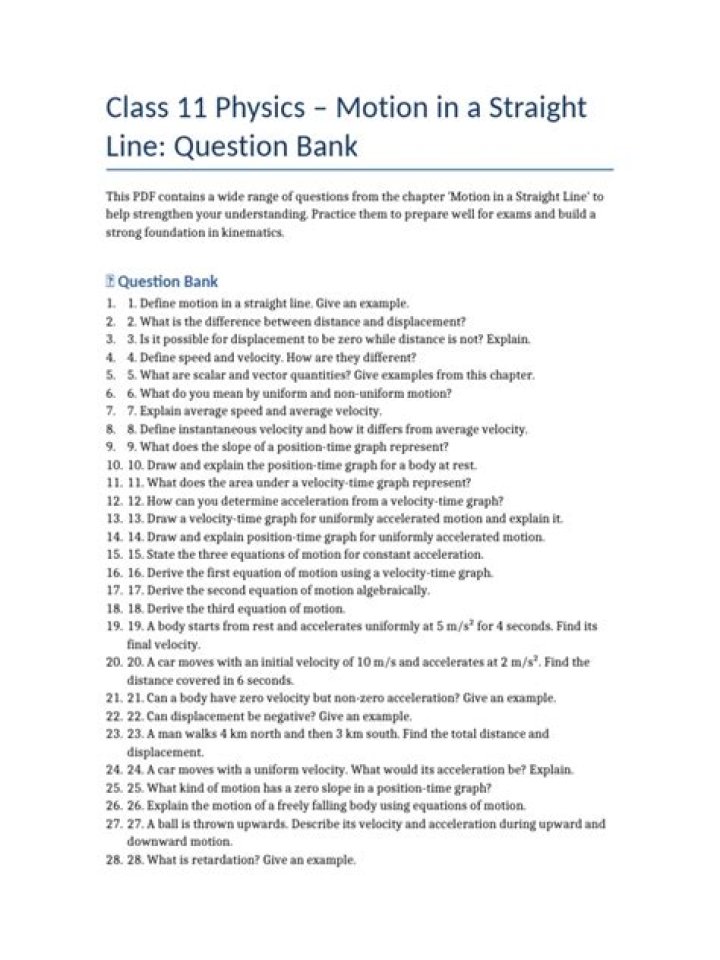 Motion Straight Line Questions PDF – Practice & Exam Prep