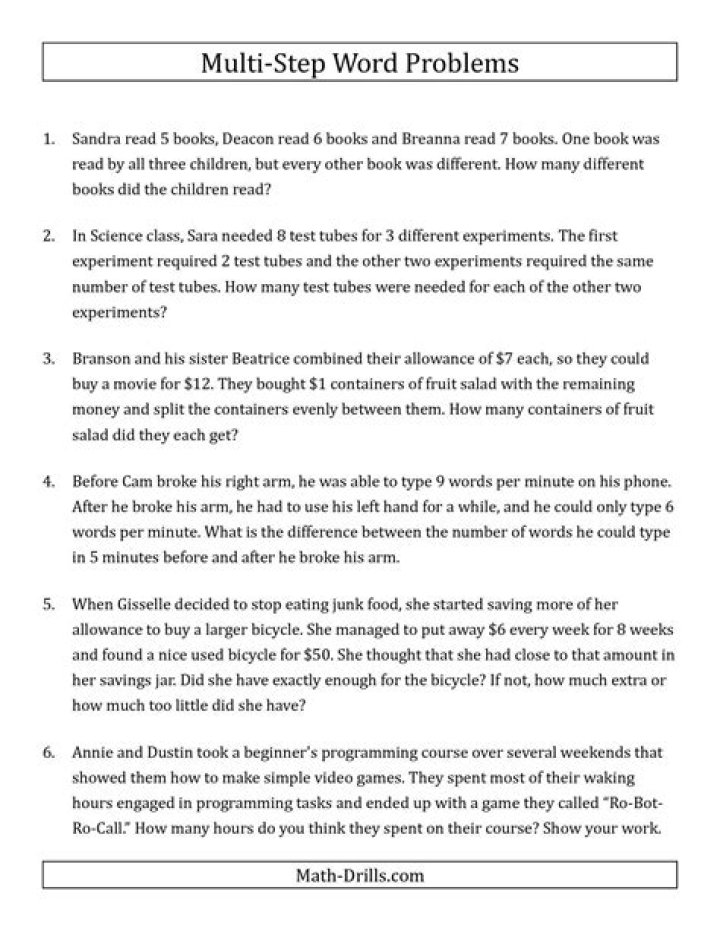 Free Multi-Step Equations Word Problems Worksheets PDF for Students