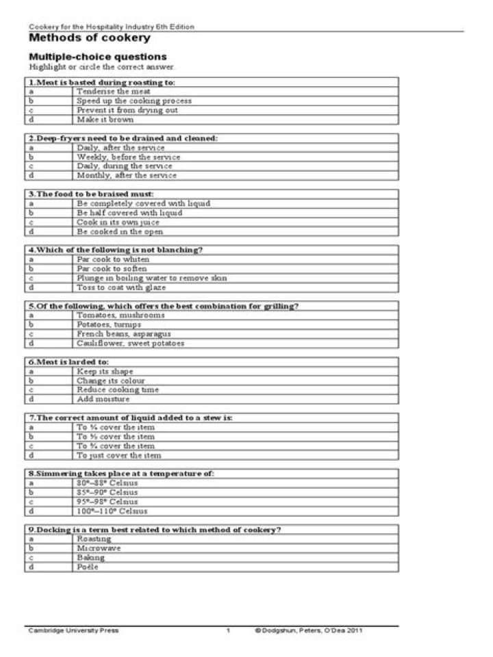 Multiple Choice Questions on Methods of Cooking PDF Guide