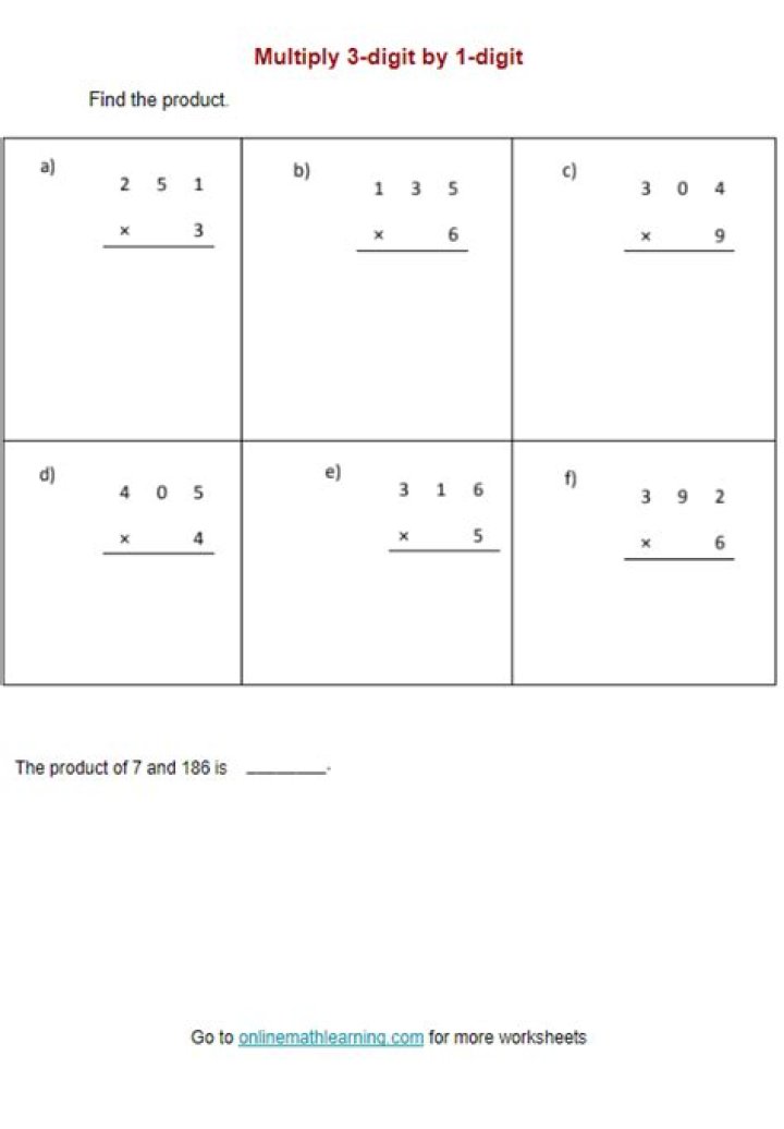 Multiply 3-Digit Numbers by 1-Digit Worksheet PDF – Instant Practice
