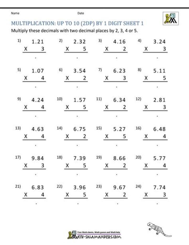 Free Multiplication 5th Grade Math Worksheets PDF for Practice