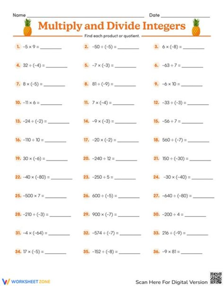 Free Multiplication and Division of Integers Worksheet Grade 7 PDF