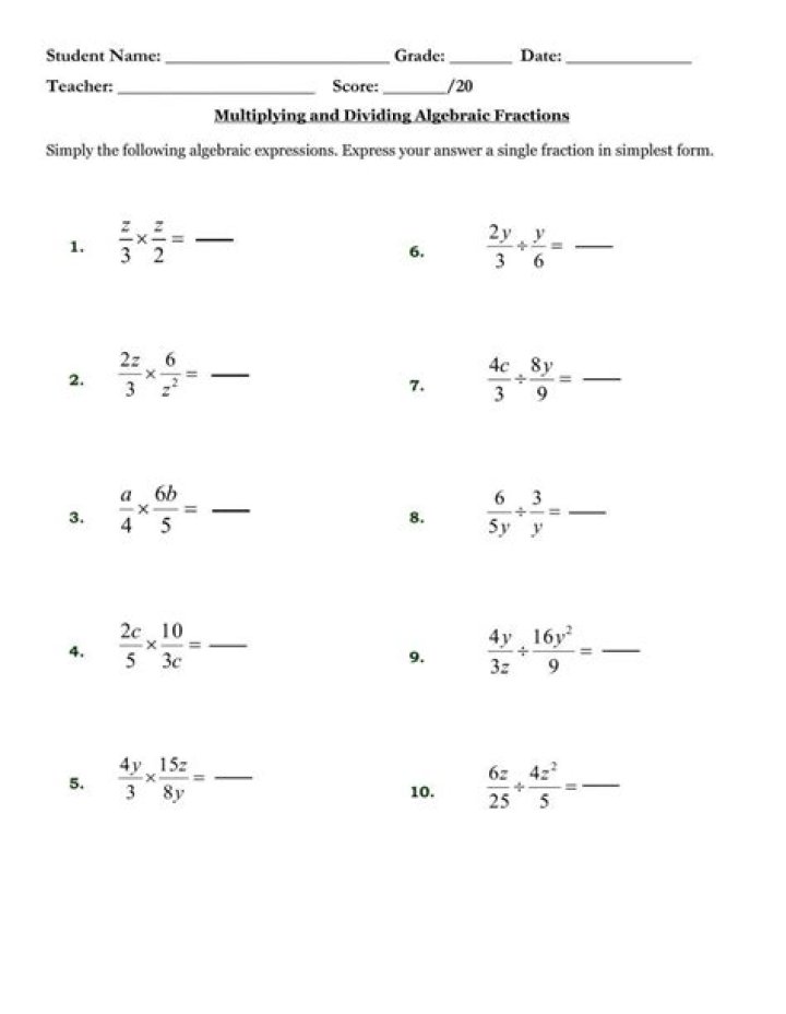 Free PDF Worksheet: Multiplying and Dividing Algebraic Fractions