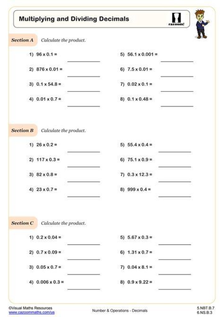 Free Multiplying and Dividing Decimals Worksheets PDF for 5th Grade