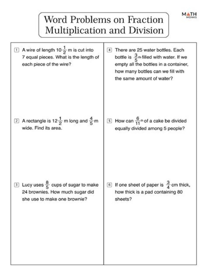 Multiplying and Dividing Fractions Word Problems Worksheets for 6th Grade PDF