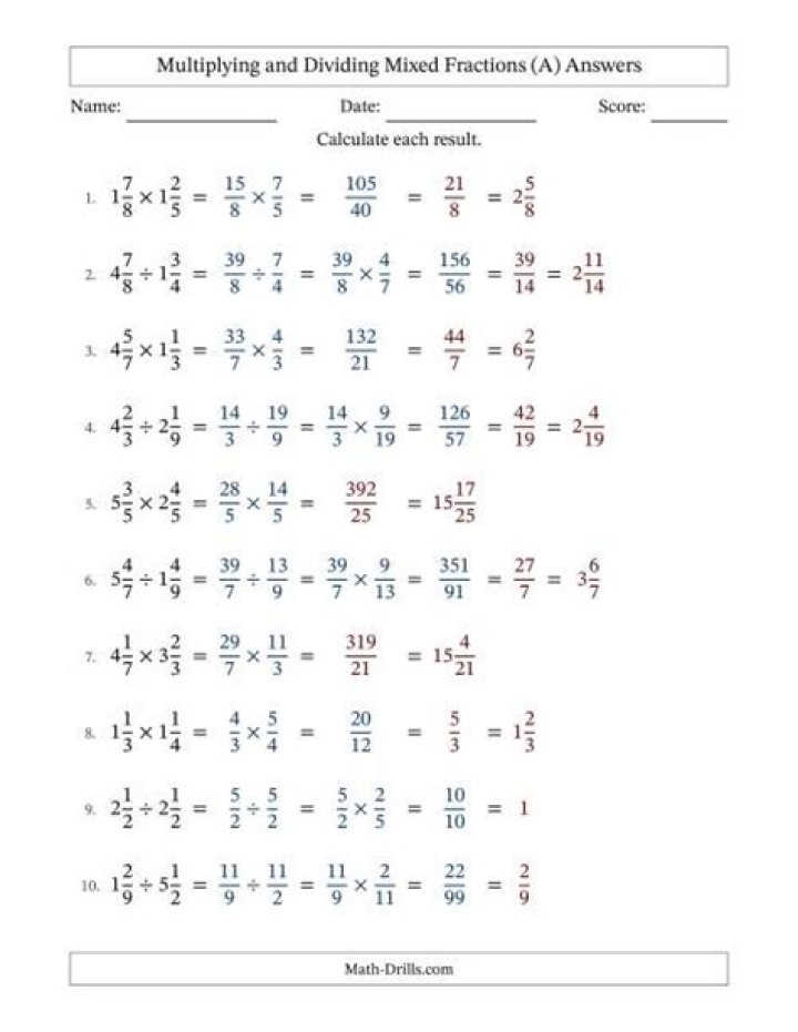Multiplying and Dividing Mixed Fractions Worksheets with Answers PDF