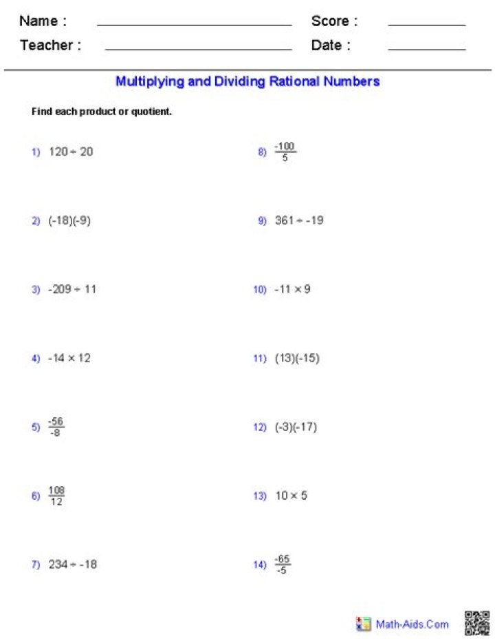 Multiplying and Dividing Rational Numbers Worksheet with Answers PDF