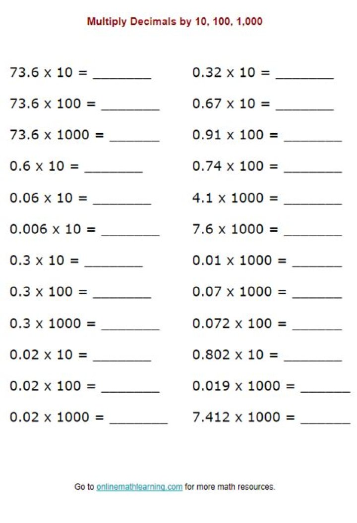 Multiply by 10, 100, and 1000: Free Worksheet PDF