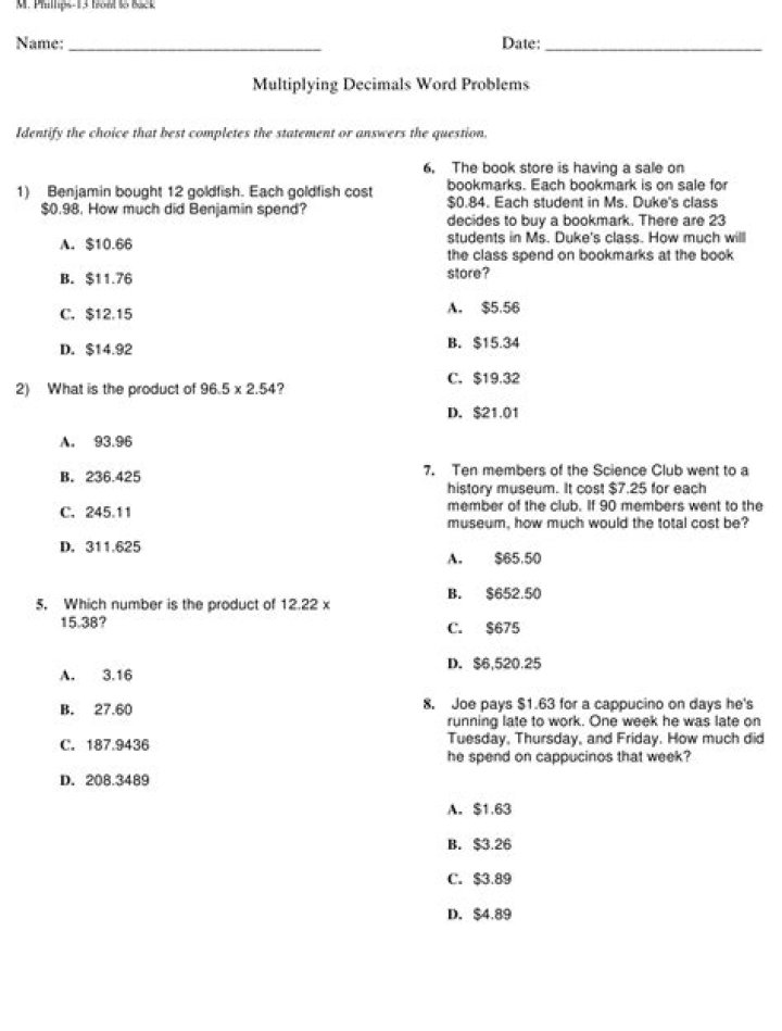 Free Multiplying Decimals Word Problems Worksheets for 5th Grade PDF