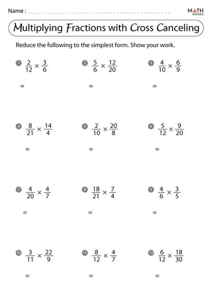 Multiplying Fractions with Cross Canceling: Practice Worksheet PDF