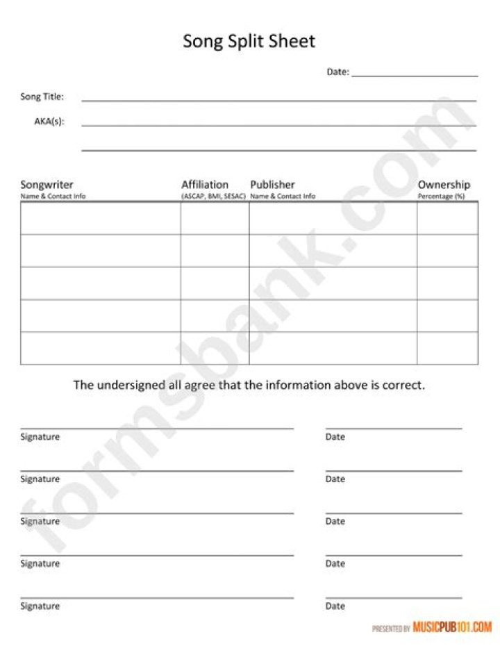 Download Free Music Split Sheet Template PDF