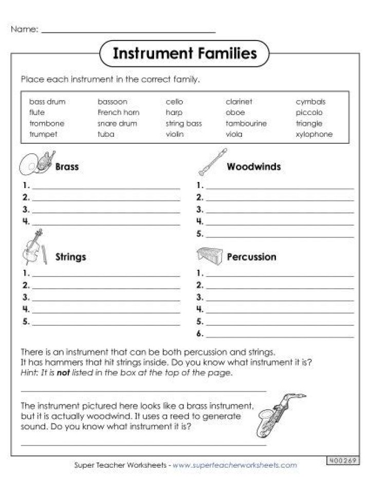 Musical Instrument Families Worksheet PDF for Music Education