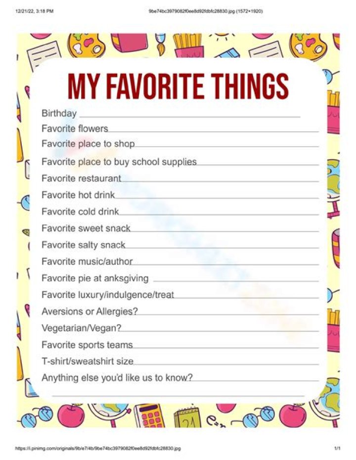 My Favorite Things Worksheet PDF Free Printable