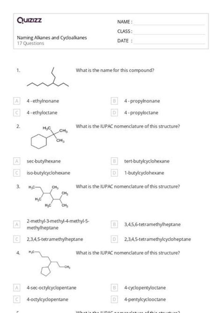 Alkanes & Cycloalkanes Naming Worksheet with Answers PDF