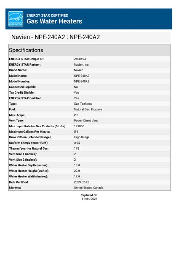 Navien NPE 240A Spec Sheet PDF – Download Official Specifications Now